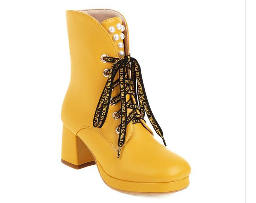 Fashion Women’s Block Heels Lace Up Pearl Ankle Boots Dress Party Casual Shoes