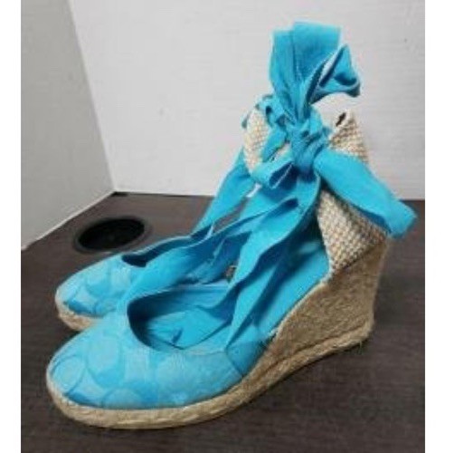 Women’s Blue Fabric Wedge Heels Round Toe Ankle Strap Tie Bow Logo US 6