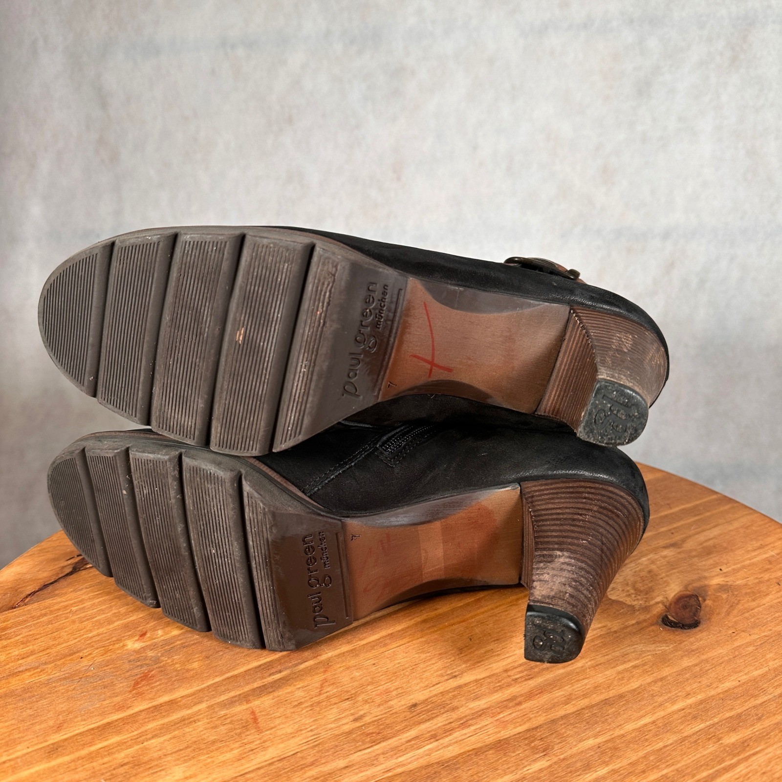 Paul Green Leather Ankle Boots Women 7 Black Brown Good Buckle Side Zip