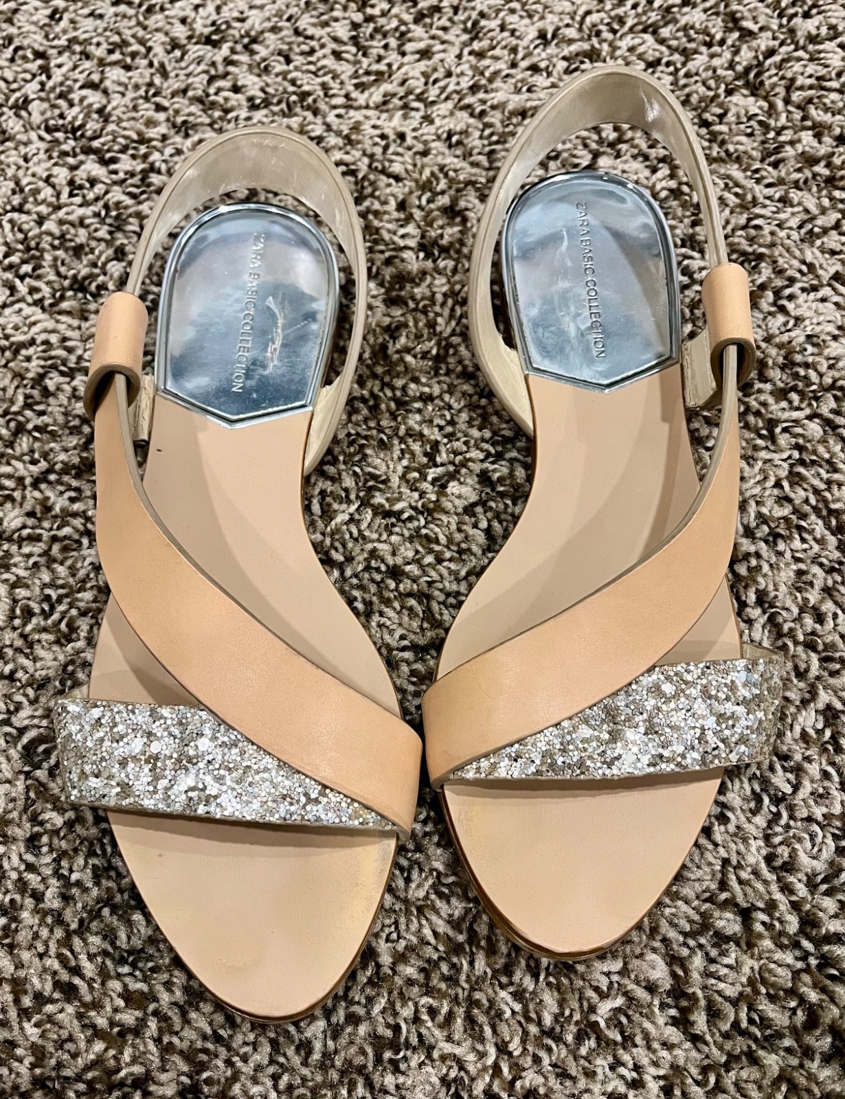 Zara Basic Collection Nude Glitter Slingback Sandals Women EU 37 US 6/6.5