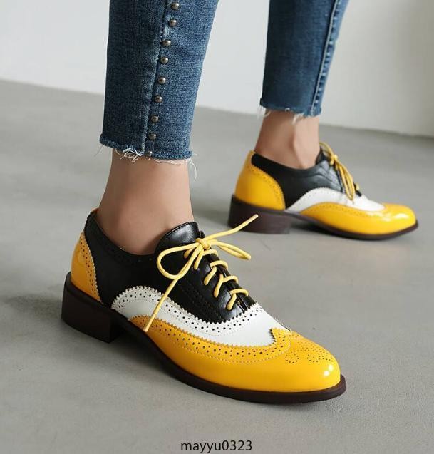 Retro Womens Brogue Pumps Shoes Lace Up Wing Tip Casual Fashion Flat Oversize