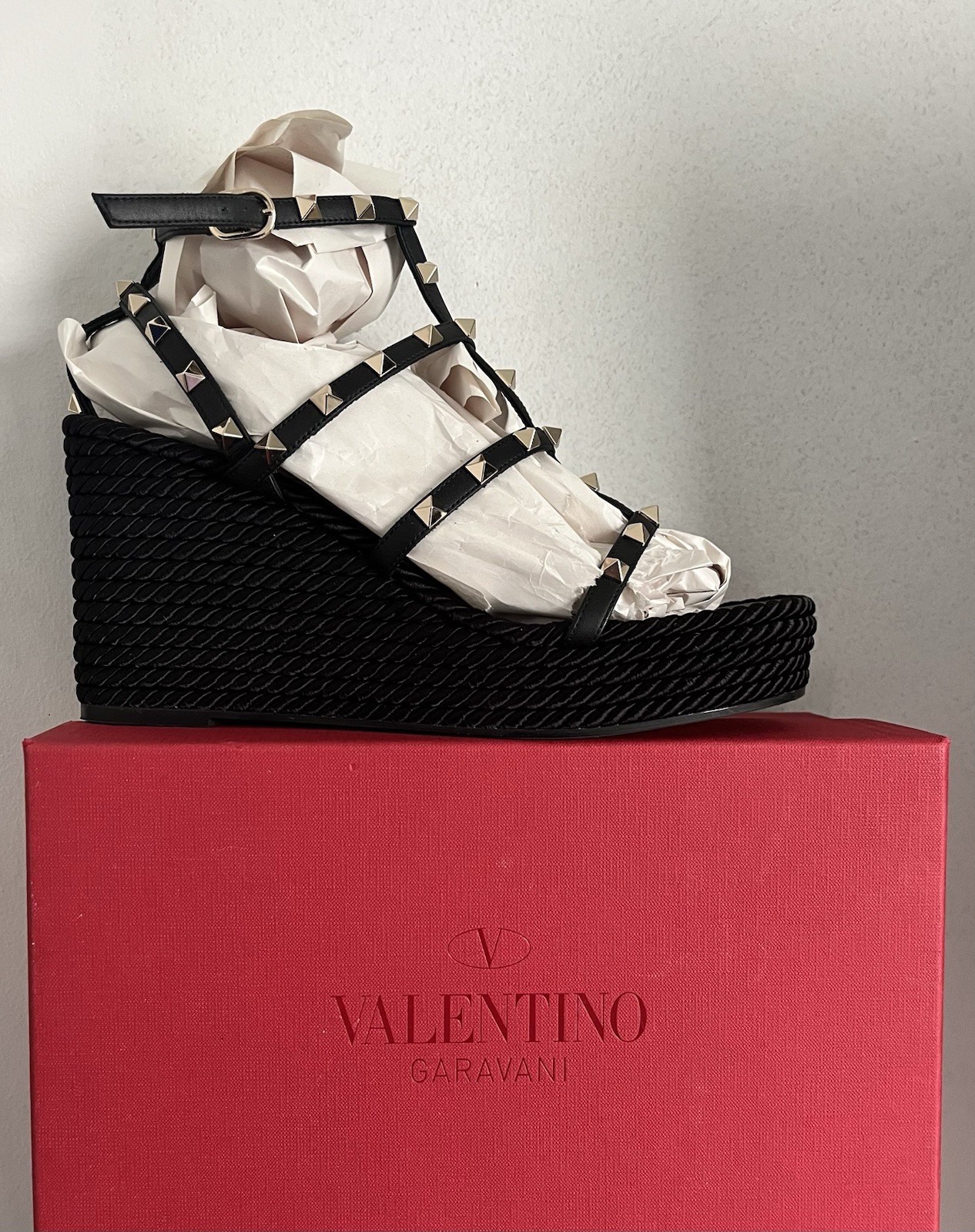 Black Valentino Garavani Calfskin Leather Ankle Strap Wedges – Size 41 (US 11)
