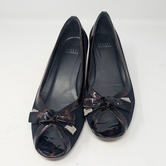Stuart Weitzman peep toe kitten black Crepe and Faux tortoise print Bow 7.5