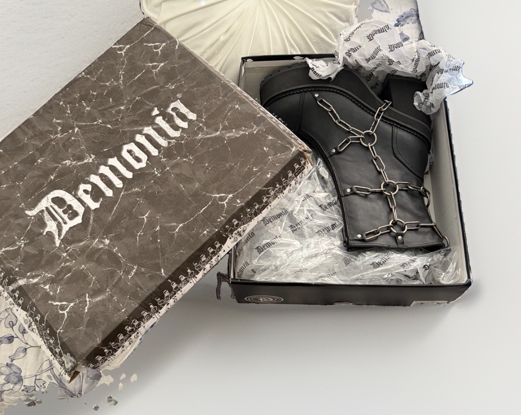 Demonia ASSAULT-66 Black Vegan Leather Mid Calf Platform Chain Boots US 11