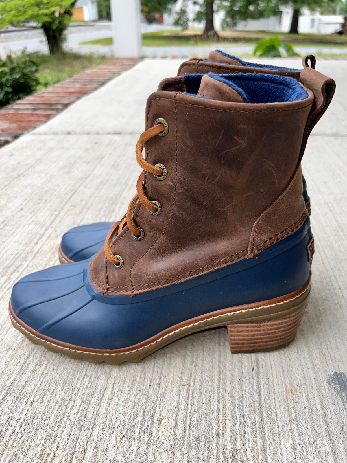 Sperry Saltwater Heeled Duck Boots Women’s Size 6 Brown/Navy STS85479 EUC