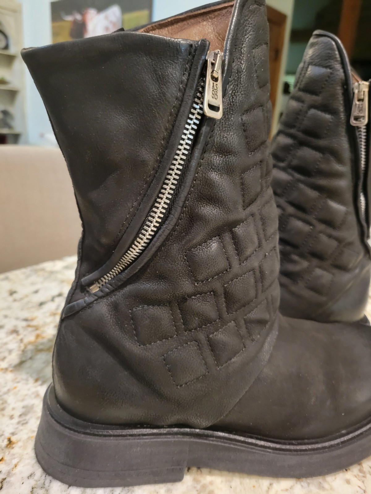 Women’s A.S.98 Neo Black Leather Quilted Biker Zip Mid-Calf Boots EU 38 US 8