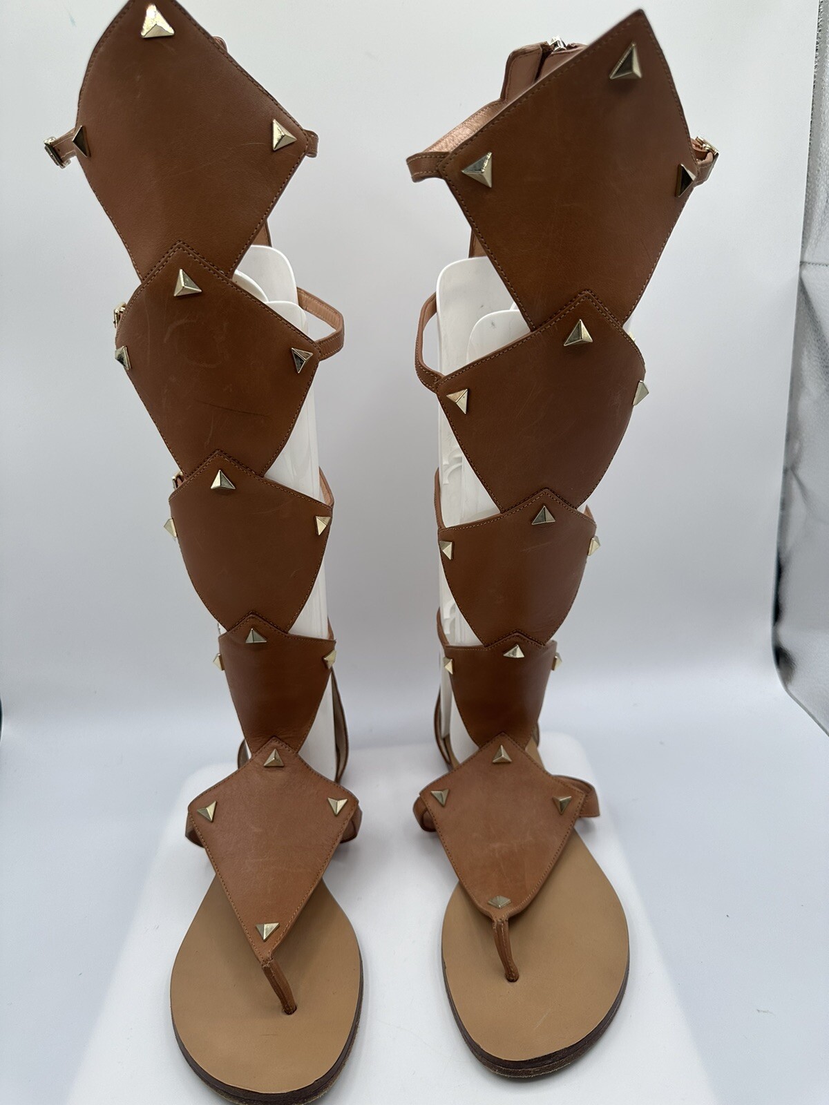 SIGERSON MORRISON BASPER TAN LEATHER STUDS KNEE HIGH GLADIATOR SANDAL WOMEN SZ 9