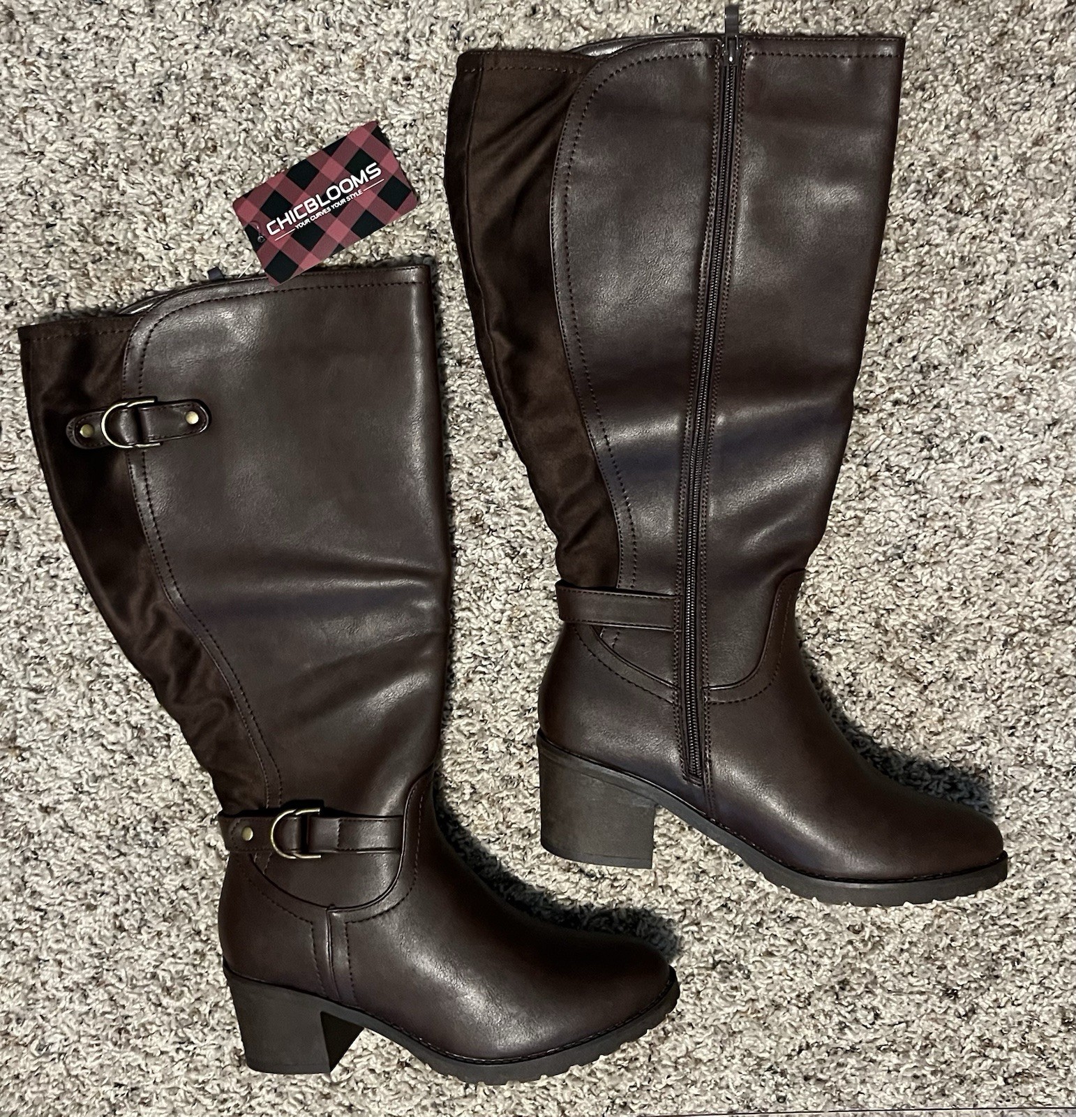 CHICBLOOMS Women’s Wide Calf Knee High Riding Boots Brown Buckle Zipper