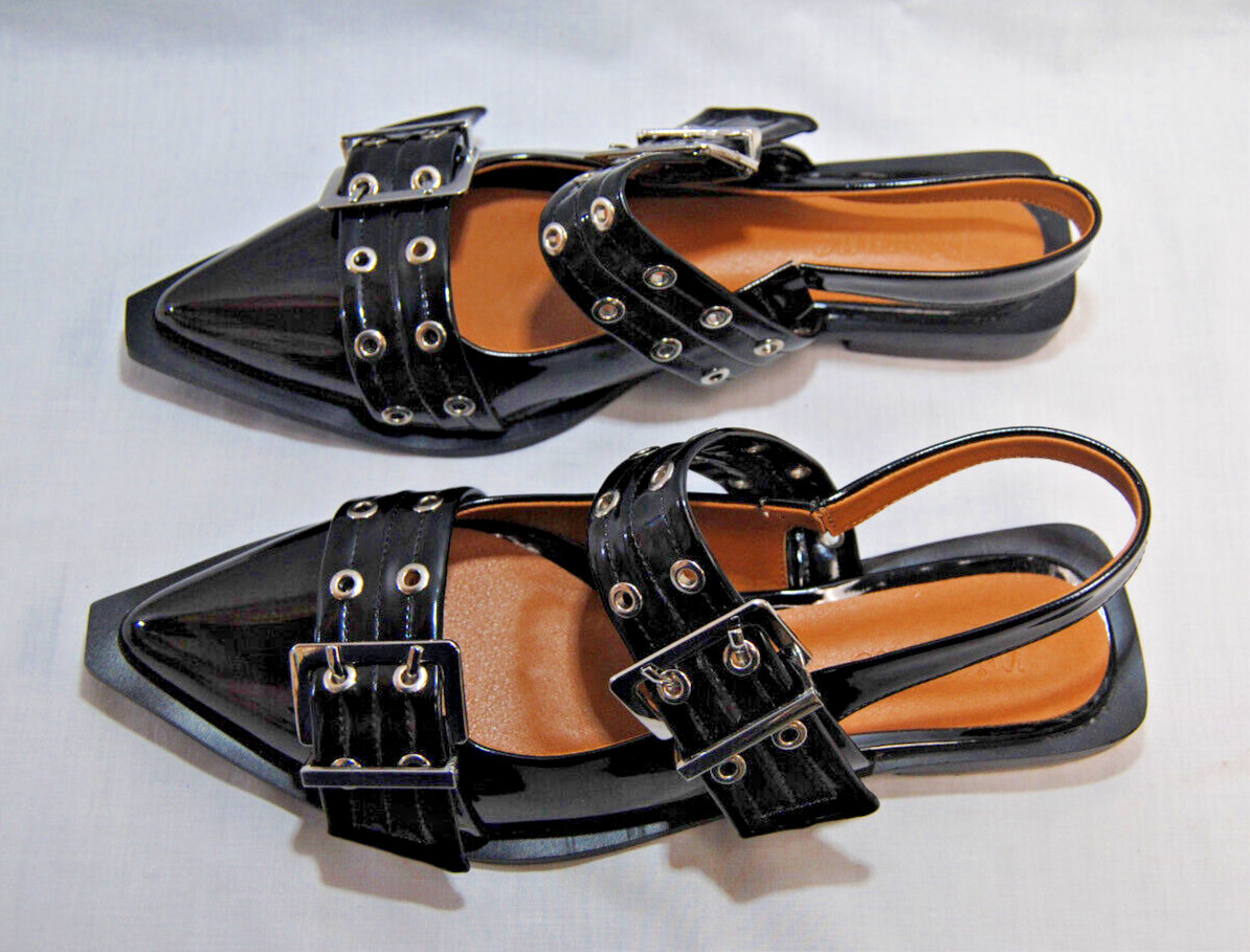 Divanne Women’s Punk Ballet Shoes Wide Welt Buckled Slingback Pointed Toe T2369