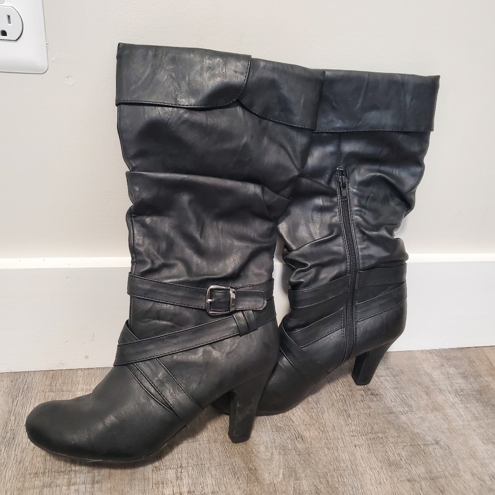 Body Natural Black PU Leather Heeled Boots Size 10