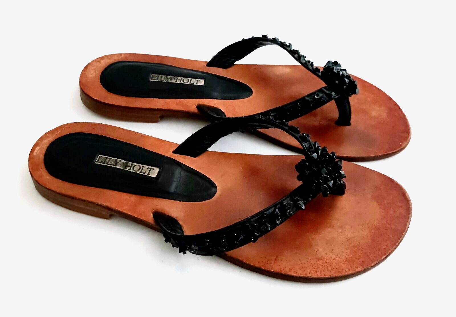 Lily Holt Blk Jet Beaded Leather Thong Sandal EU 40 US 9