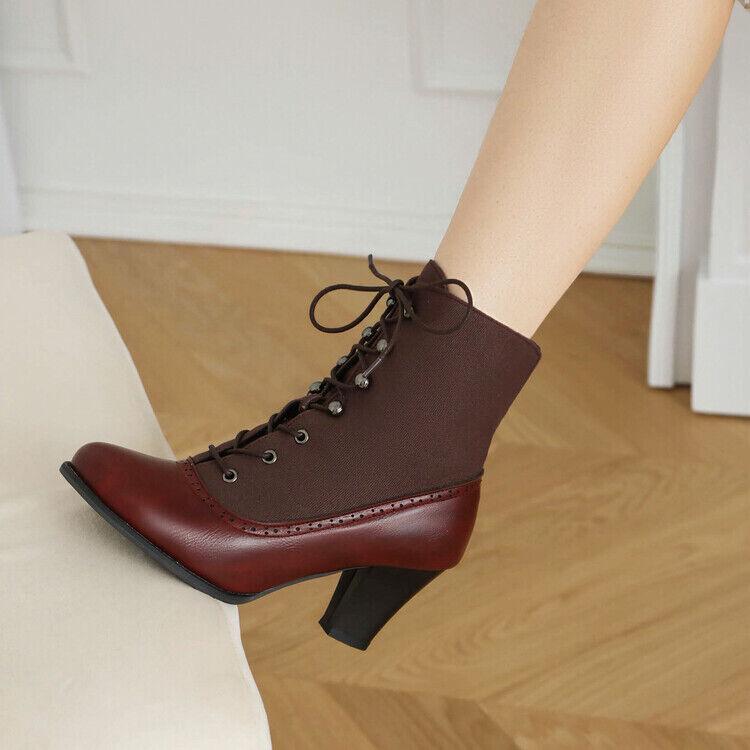 Women’s Ankle Boots Splicing Low Heel Lace Up Shoes Canvas Leather Patchwork NEW