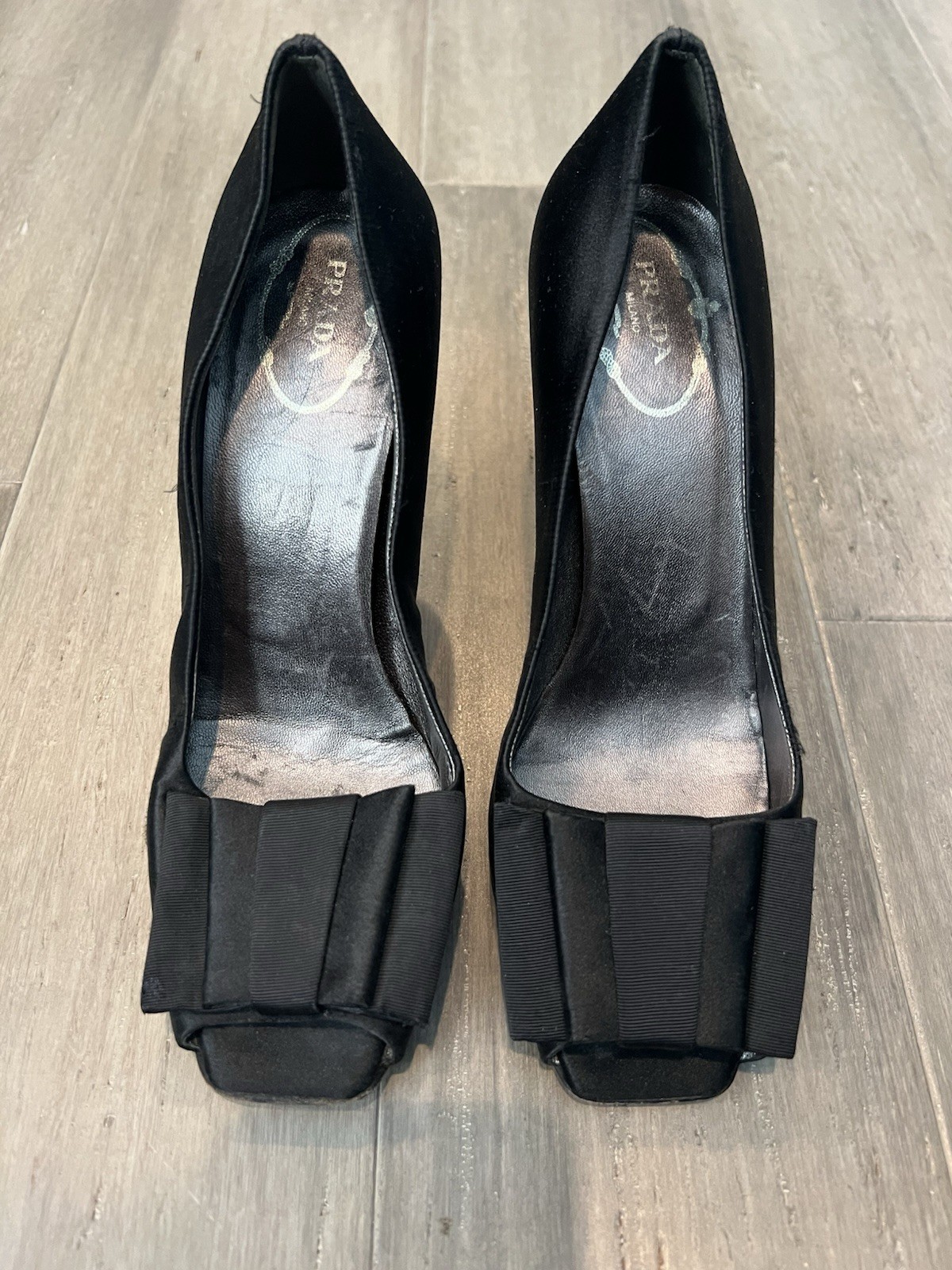 Prada Black Square Peep Open Toe Lux Satin Grosgrain Bow Heel Evening Pumps 36.5