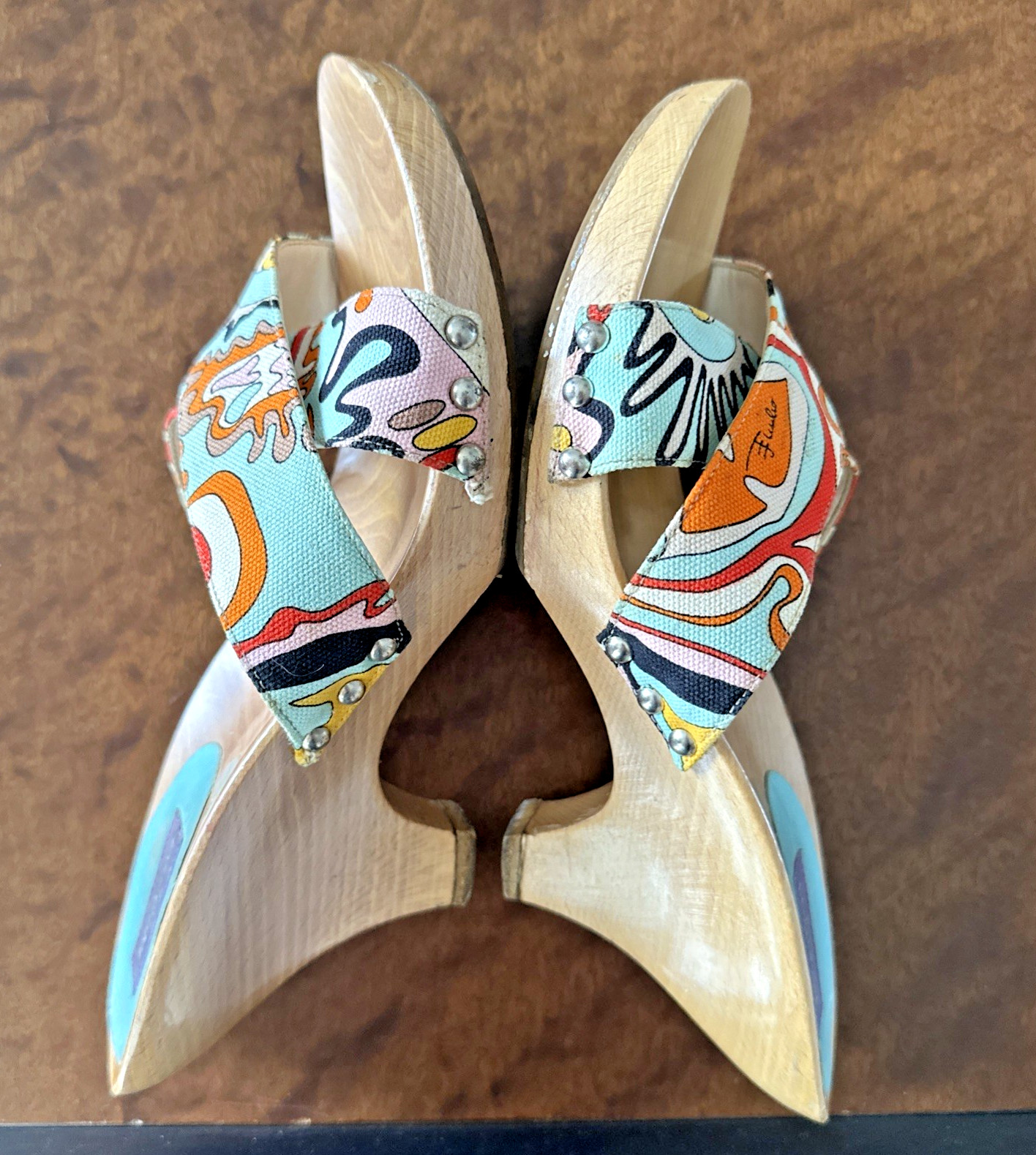 Emilio Pucci Wooden Wedge Sandals Multicolor Abstract Pattern Size 38 ITALY