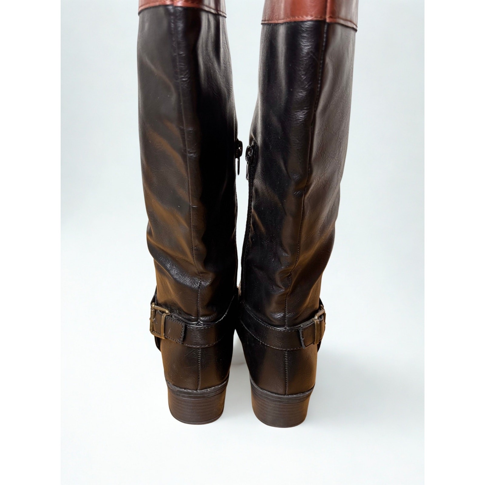Vtg Y2K Rampage Faux Leather Two Toned Buckle Riding Boots