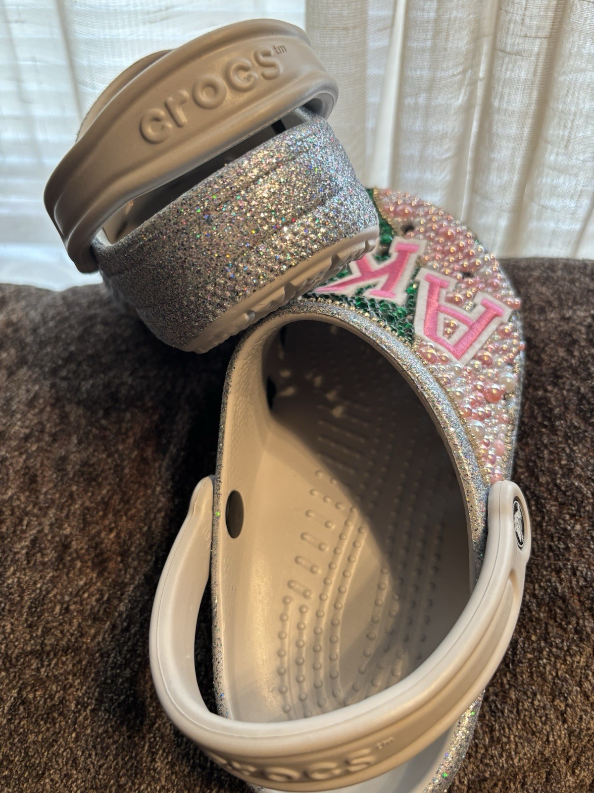Custom bedazzled ‘AKA’ Silver Glitter Crocs (Pink N Green)
