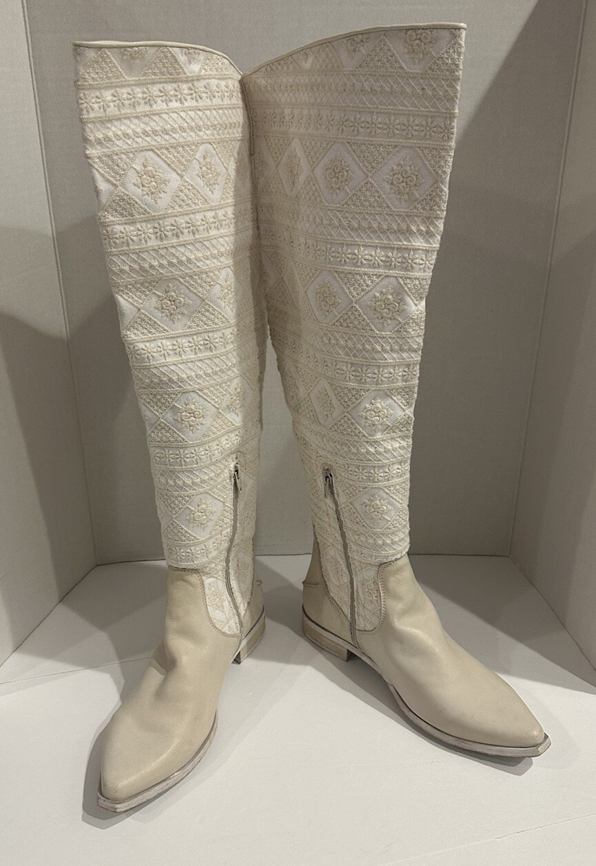 FREE PEOPLE Bren Ecru Slouch Boots Textile/Leather US 10 / EU 40 NEW Retail $298