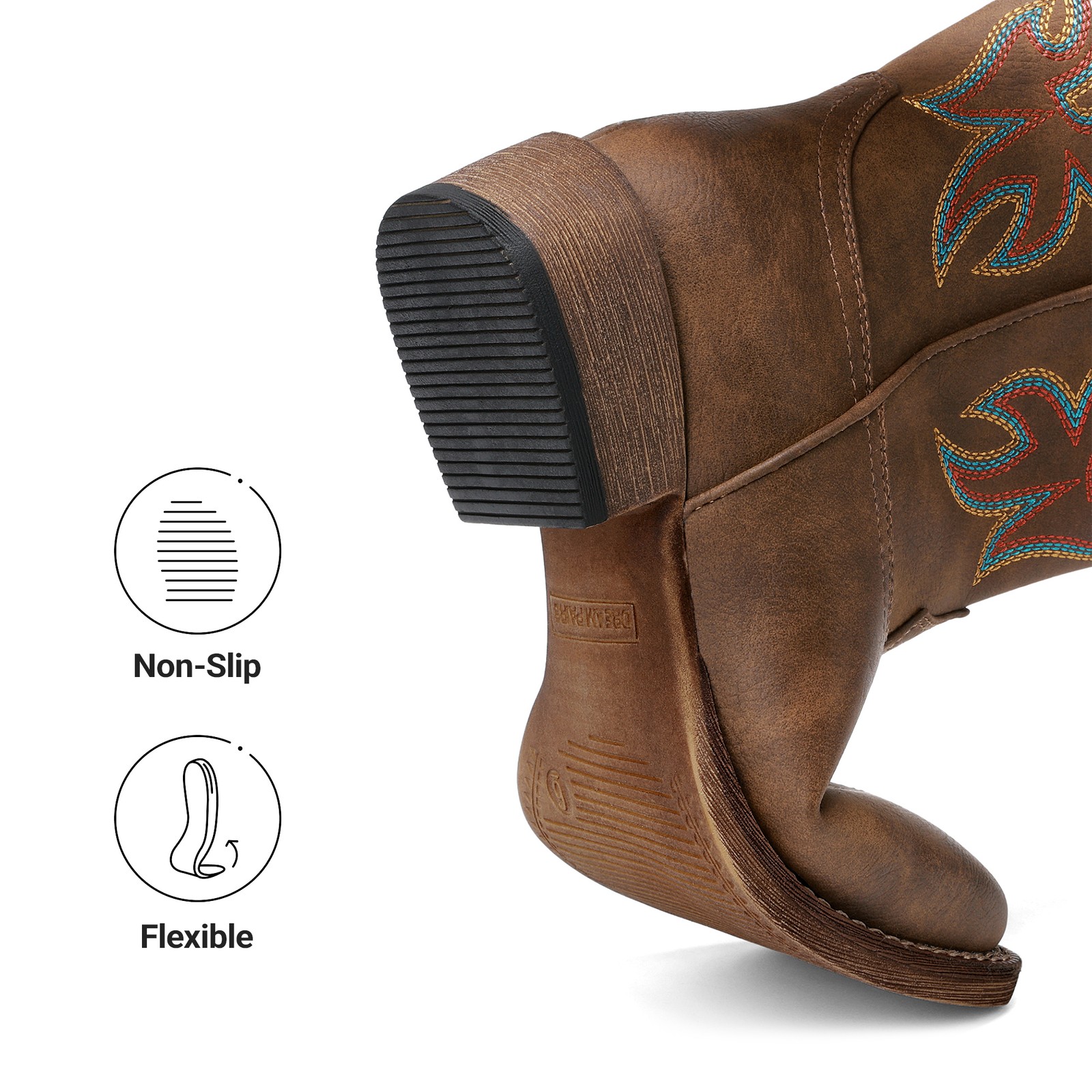 Women Western Mid Calf Wide Square Toe Pull-On Embroidered Stitched Retro Boots