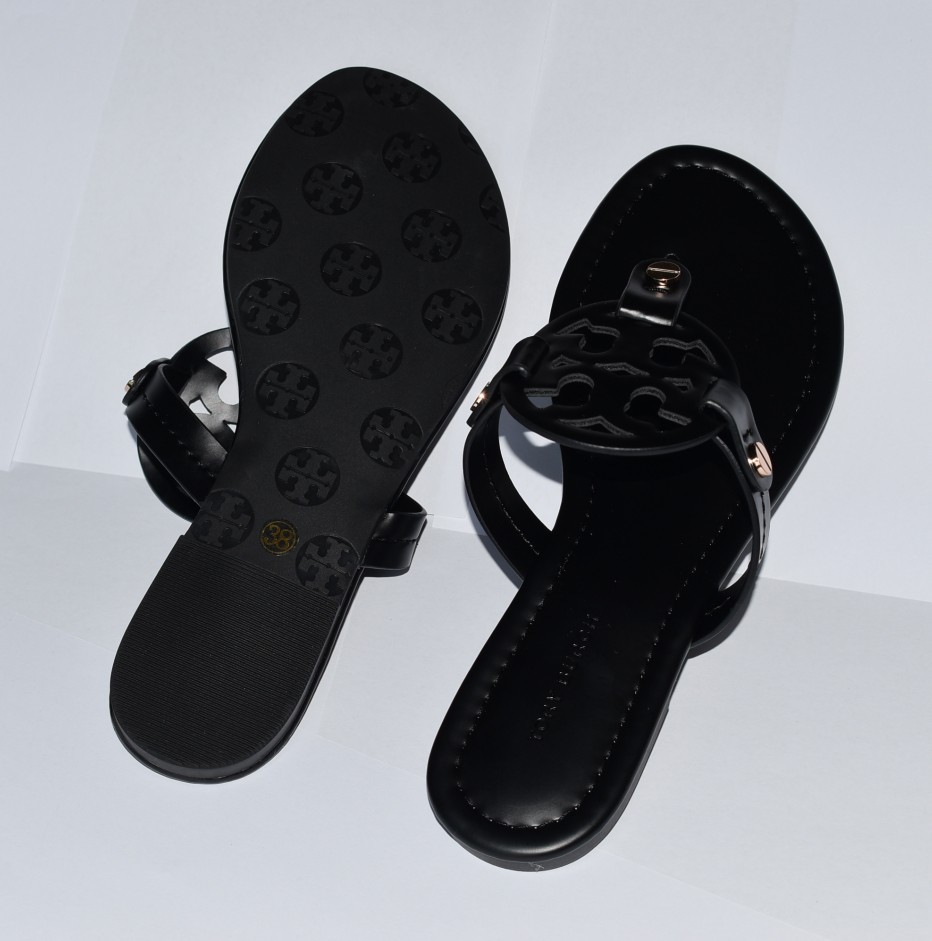 Tory Burch Miller Black Leather Thong Sandals, Classic Logo, Size US 6.5 NWOB
