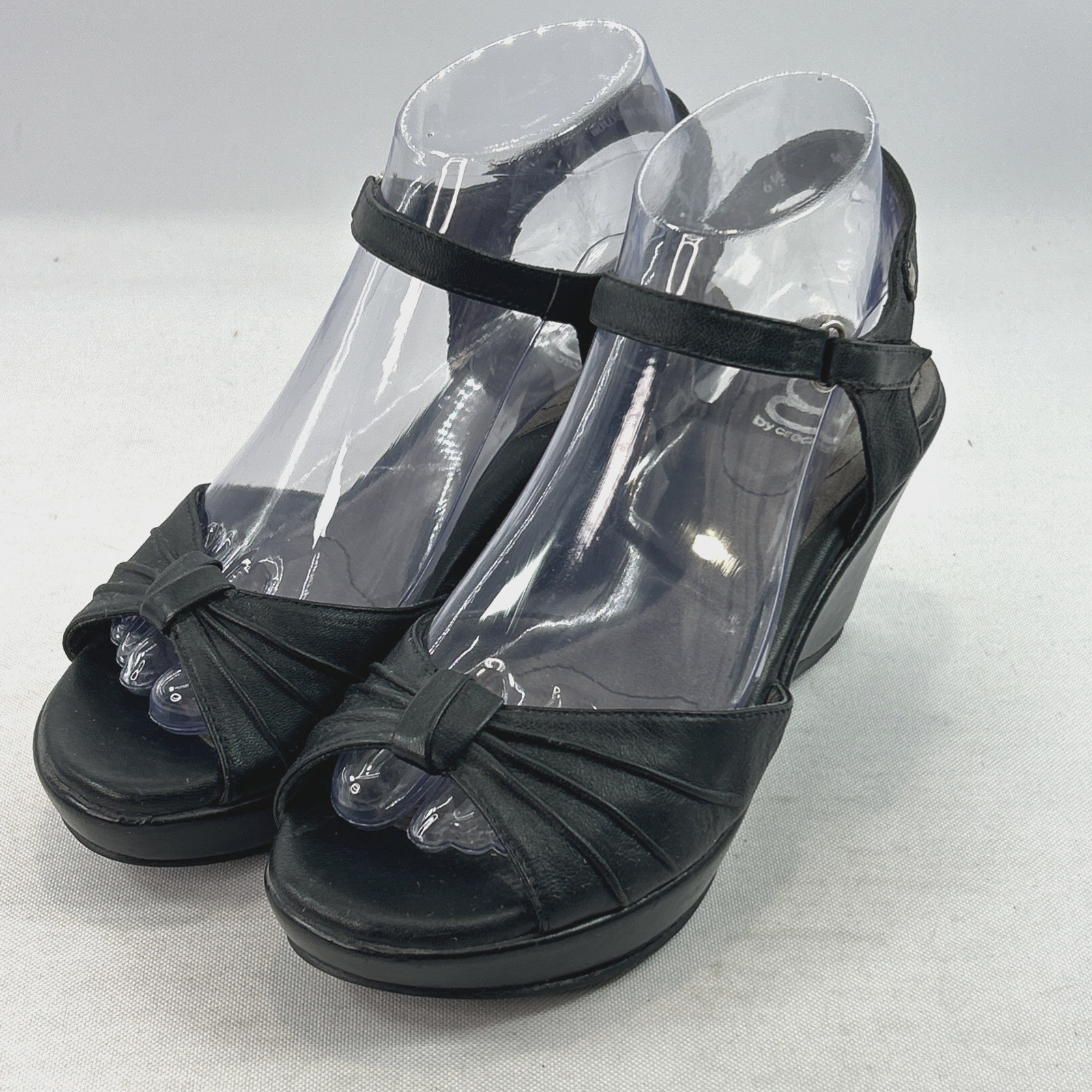 YOU by Crocs Wedge Sandals Women’s Sz 6.5 Black Leather Slingback Strappy Heels