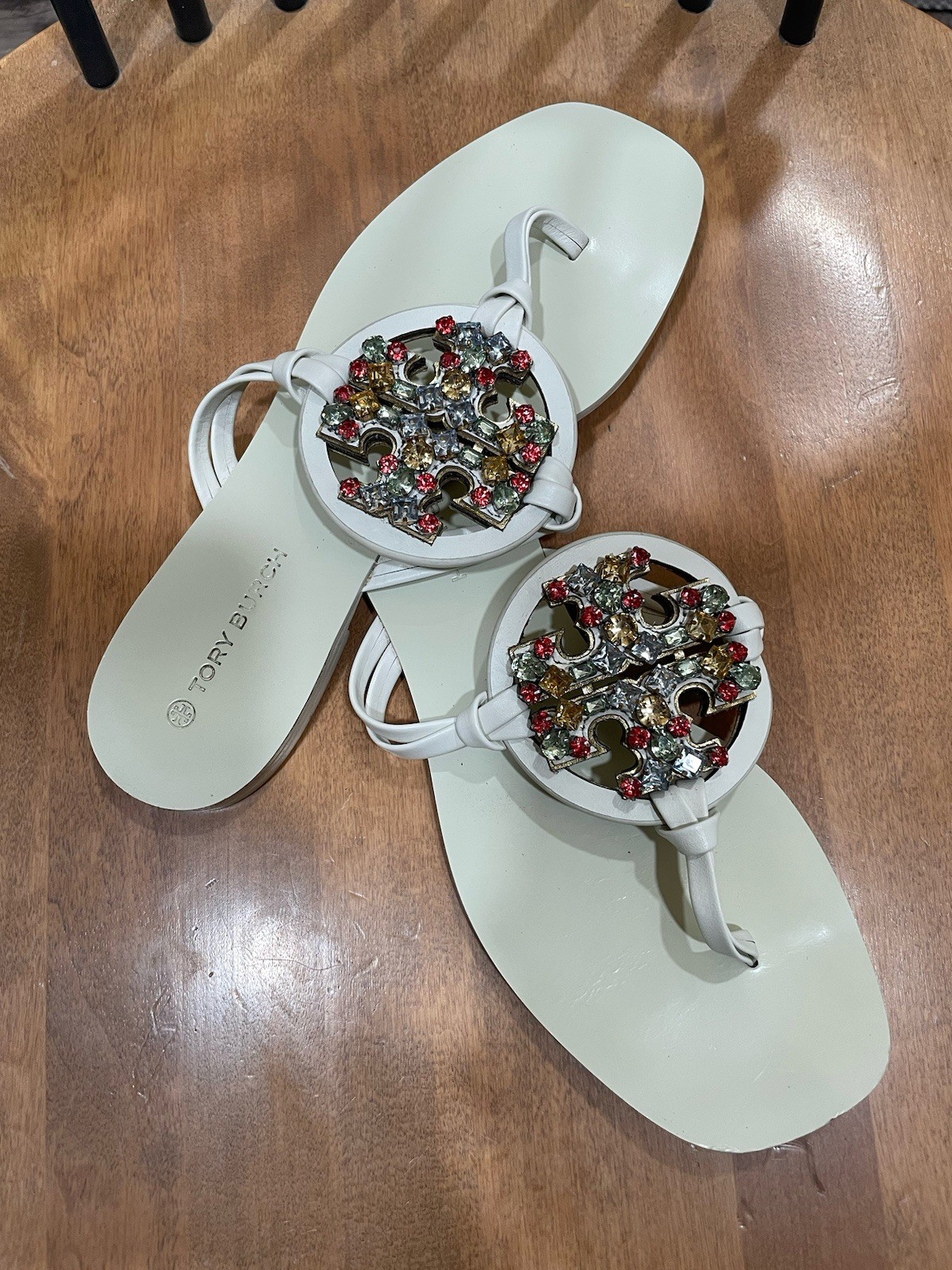 Tory Burch Women’s White Leather Thong Sandals Beaded Logo Slip-On US 7