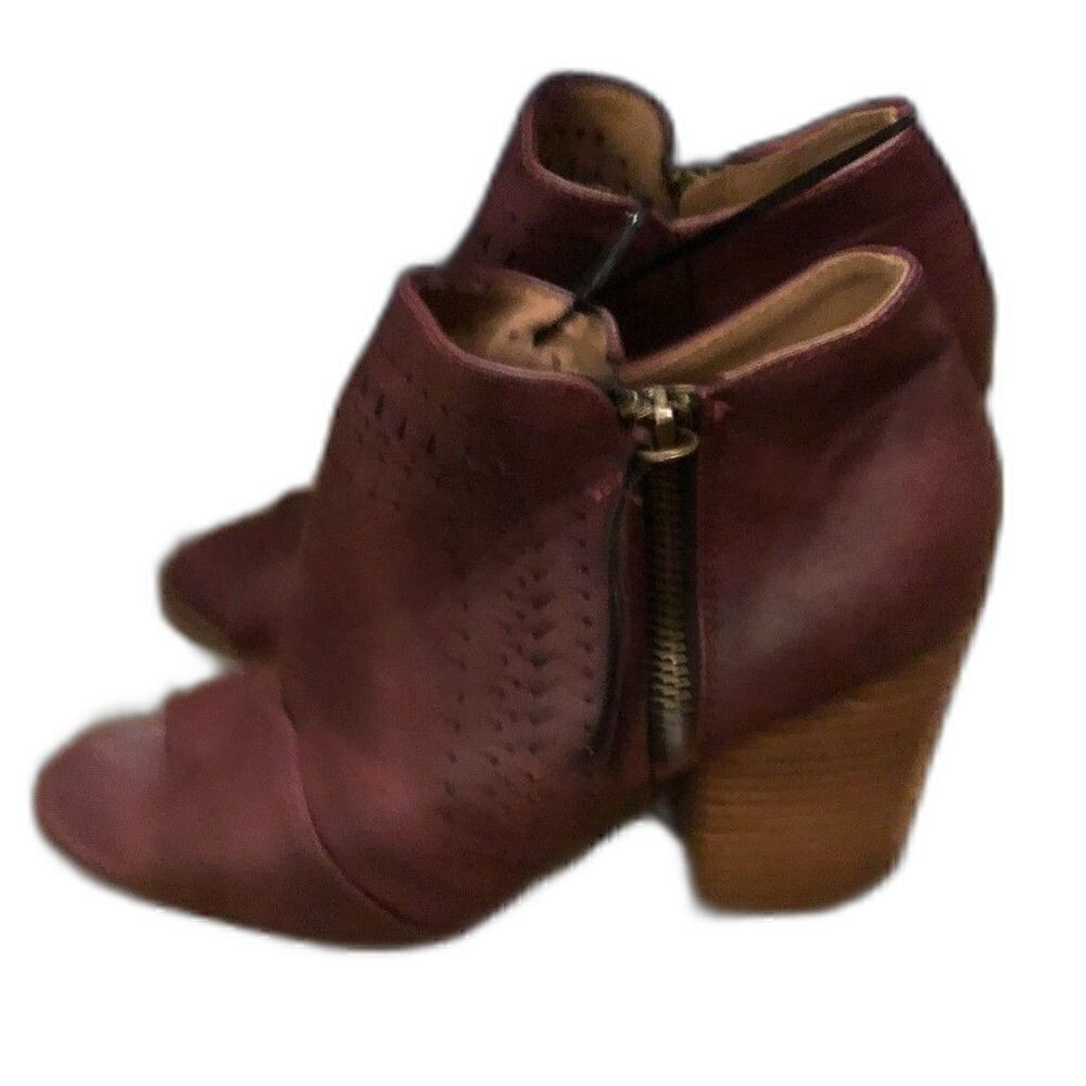 Cocci Burgundy Faux Leather Peep Toe Heel Booties Chunk Block Heel
