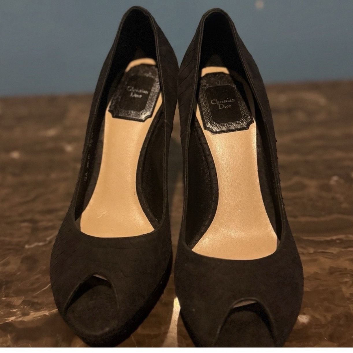 DIOR Black Suede Peep Toe Stiletto Slip On Logo Accent Pumps Womens 5.5