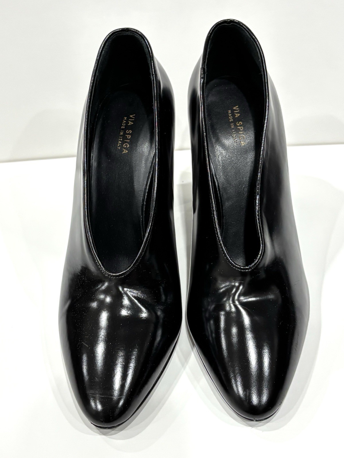 Via Spiga Italy Black Leather Pointed Toe Block Heel Pumps Women’s US 8 EU 38