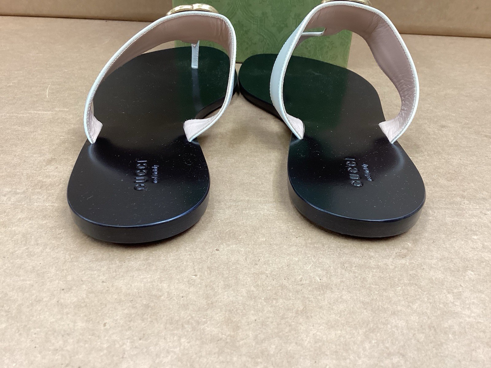 Gucci GG Marmont Thong Sandal , Gold / Black , White Leather , Sz 42