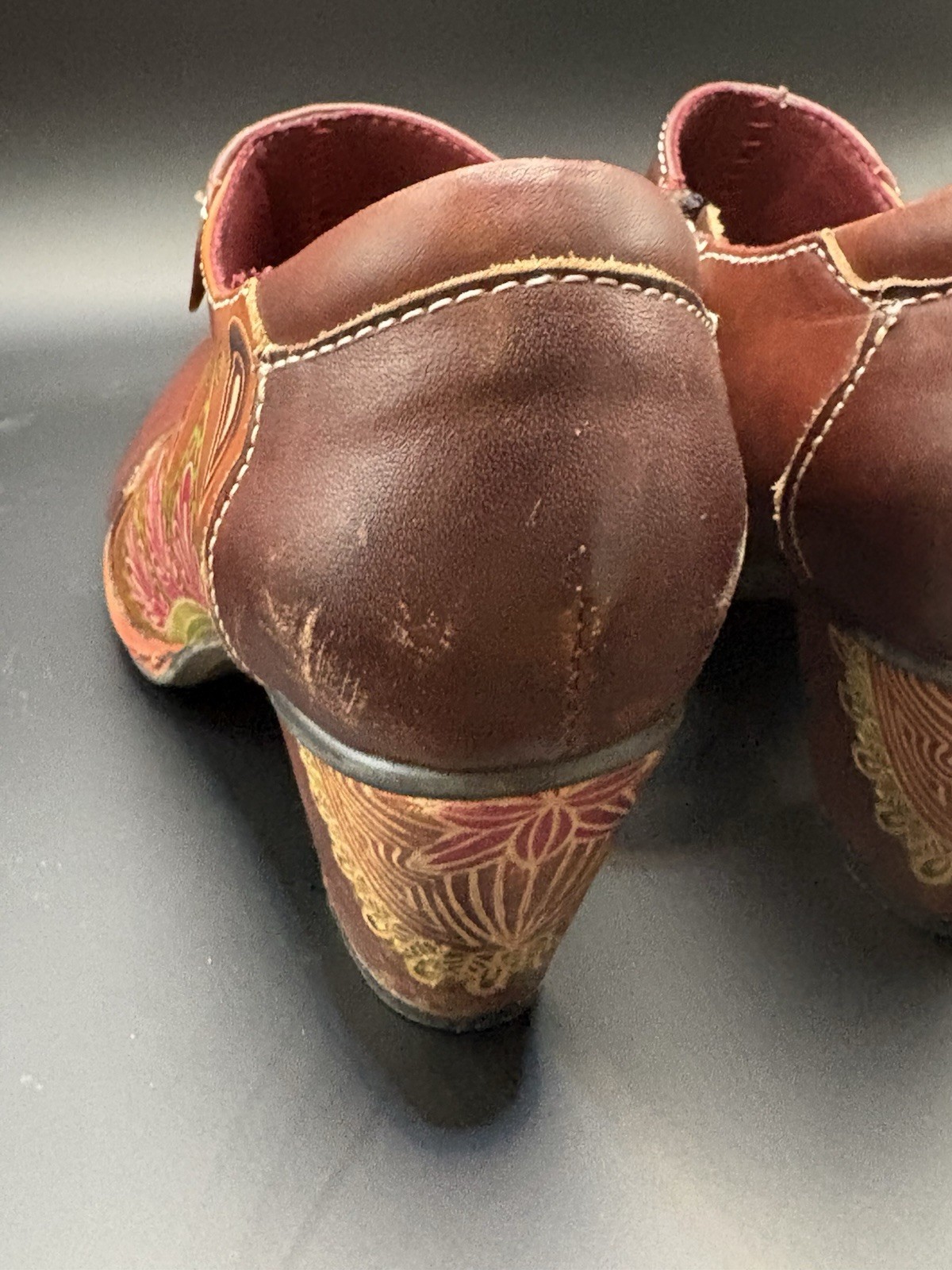 L’ Artiste Women’s Brown Hand Painted Leather Block Heel Zip Bootie Size 6.5