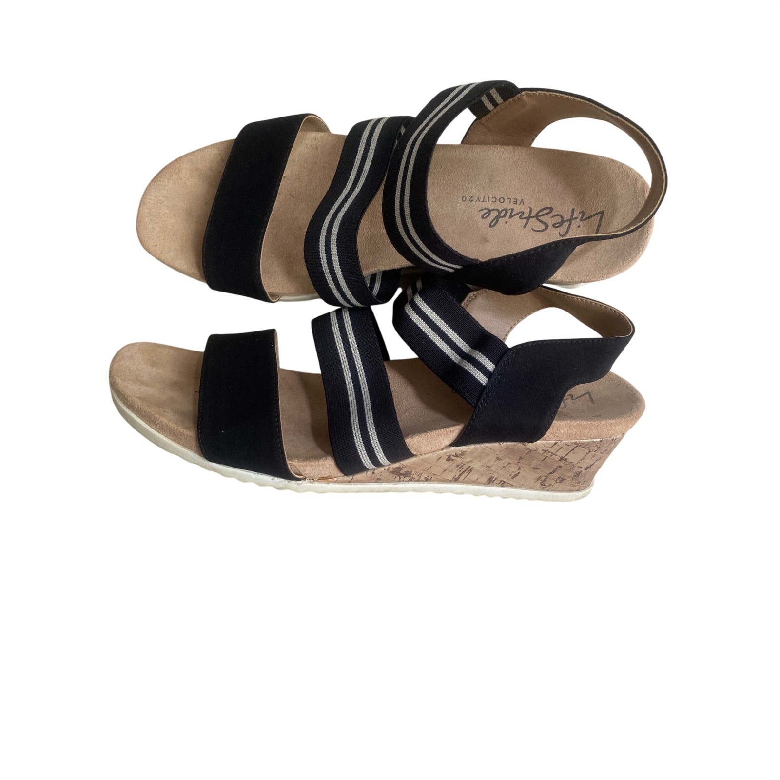 LifeStride Sunshine Black Striped Elastic Wedge Sandals Womens 9M Velocity 2.0