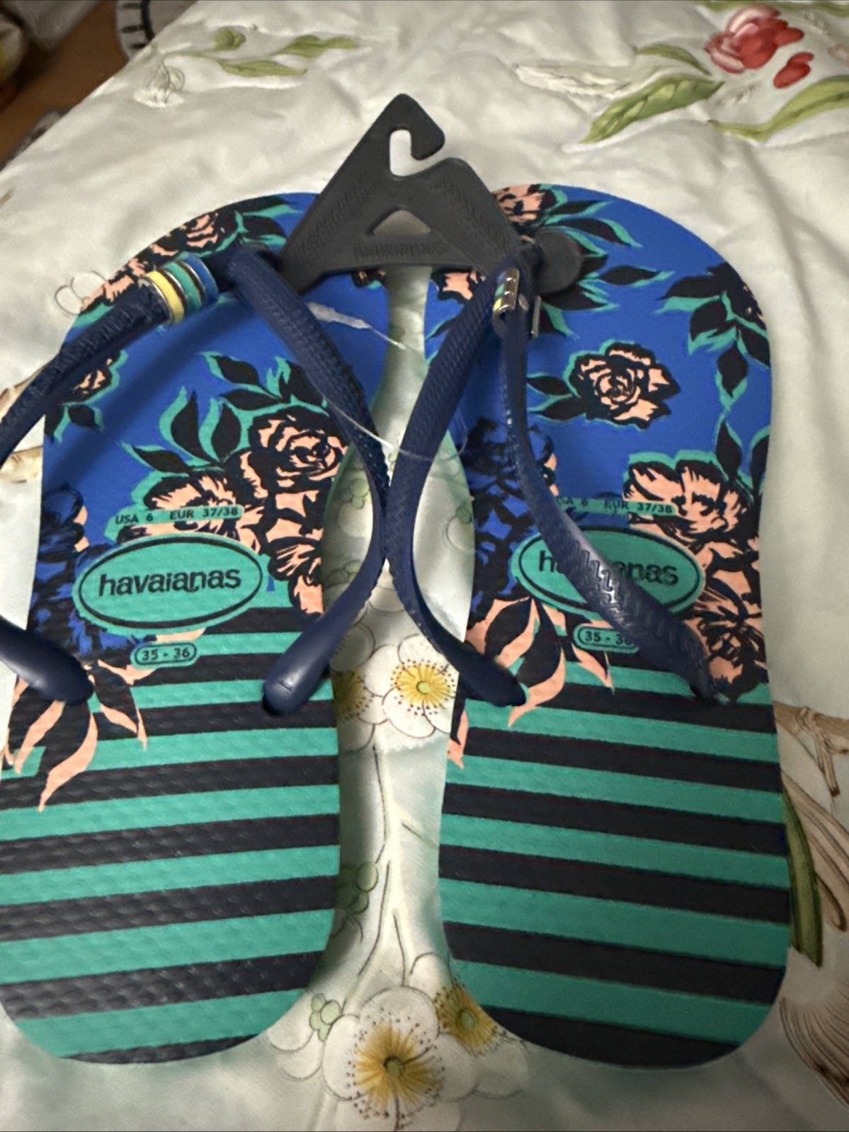 Havaianas Slim Flip Flops H Slim Thematic Green, Blue & Pink Floral New 3/4 Y
