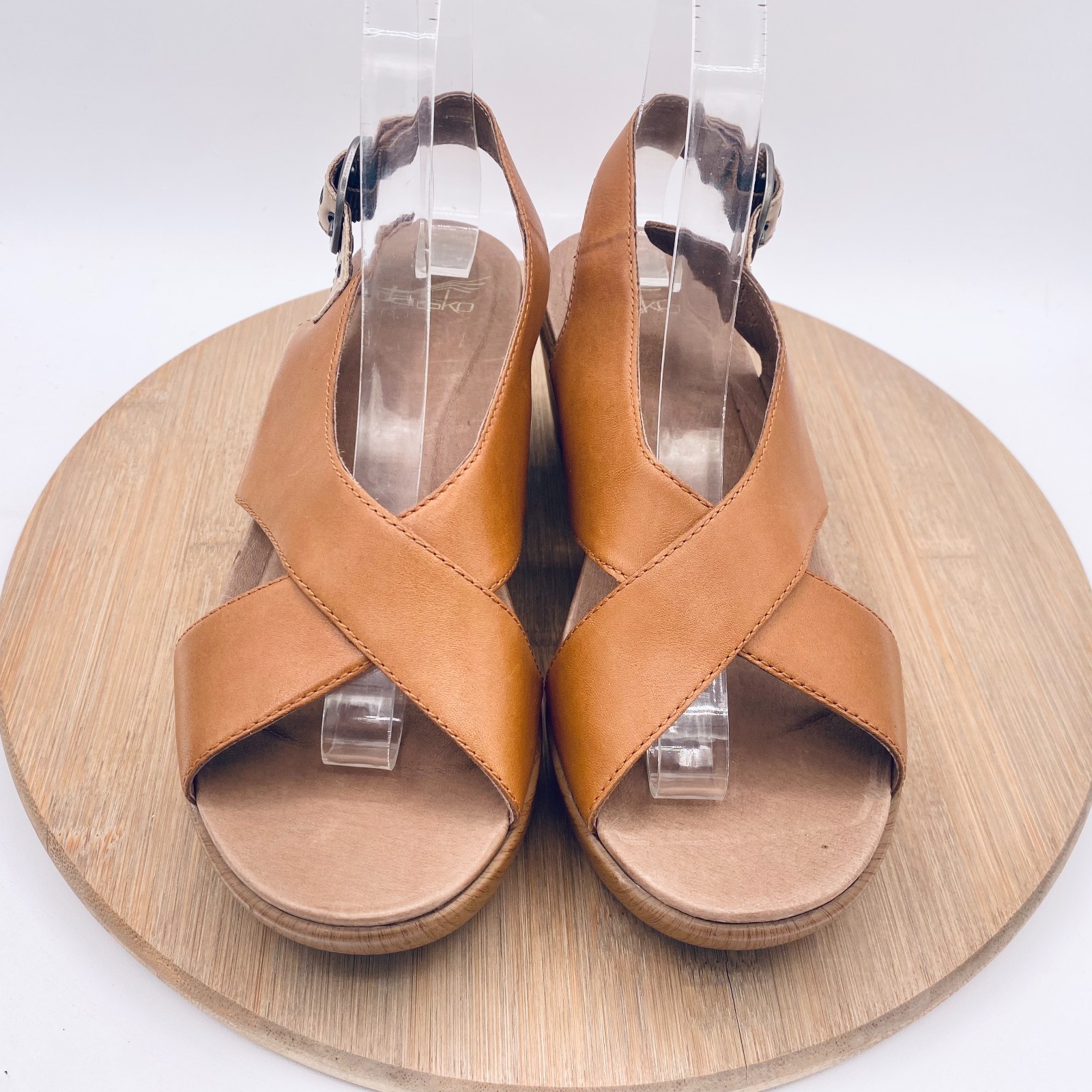 Dansko Sandals Womens 6.5 37 Tan Leather Slingback Wedge Jacinda Peep
