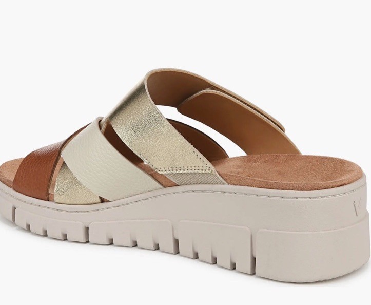 Vionic Uptown Sunset Wedge Slide Sandal Tan Gold Met Leather New Size 7.5
