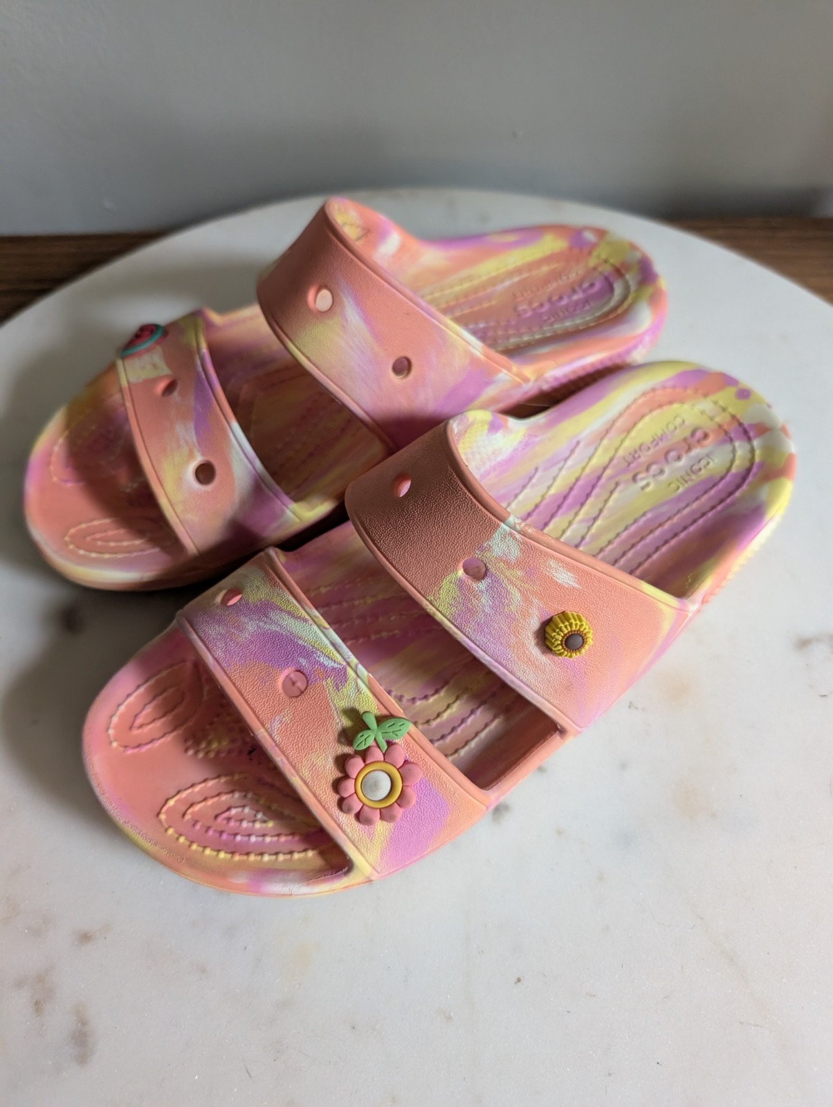 Crocs Iconic Comfort Women’s Slide Sandals Pink Yellow Marble Jibbitz Size W7