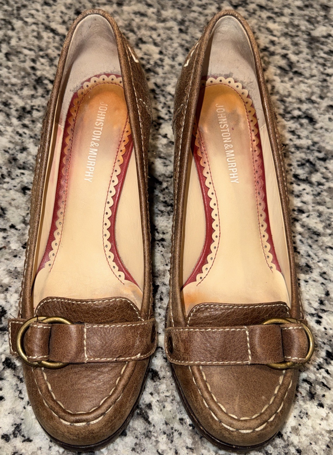 Johnston & Murphy Leather Strap Buckle Wedge Heel Womens Brown 7.5