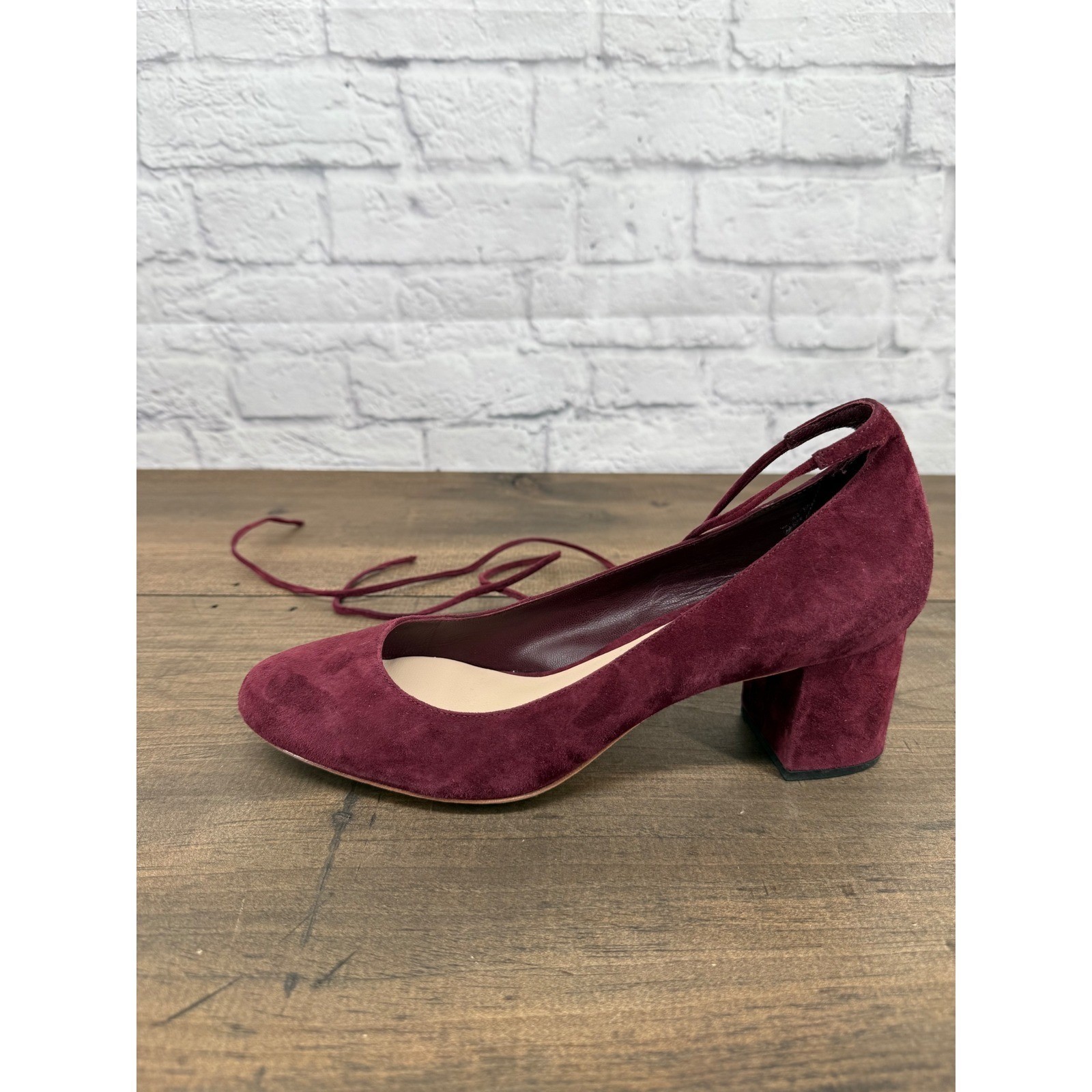 Loeffler Randall Clara Burgundy Suede Ankle Wrap Block Heel Pumps 9B Balletcore
