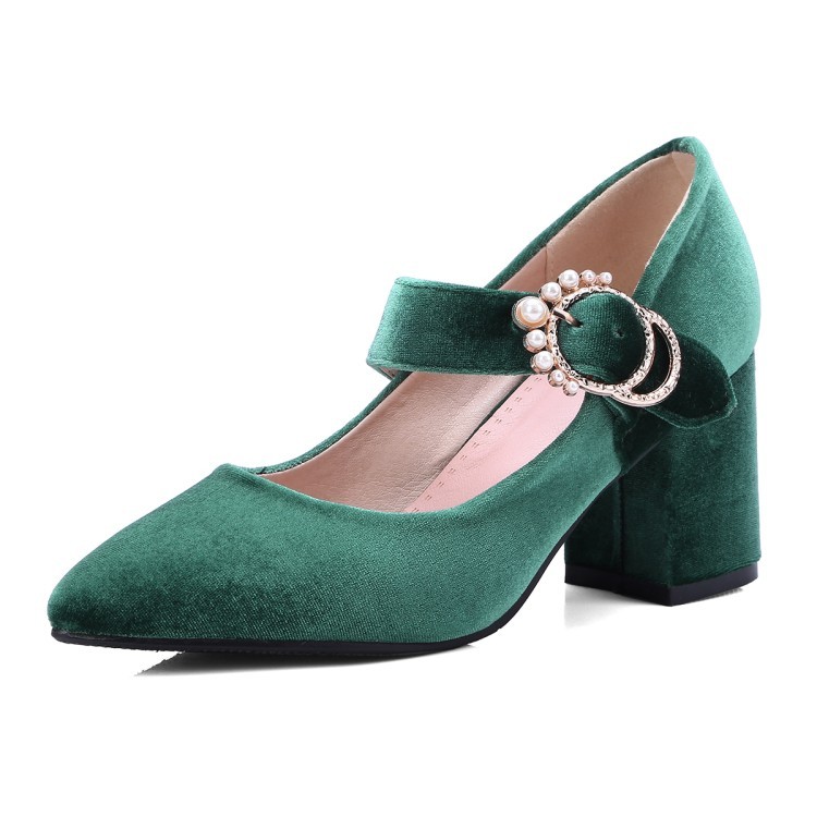 Retro Women’s Velvet Lolita Mary Janes Pointed Toe Block Heels Pump Formal Shoes