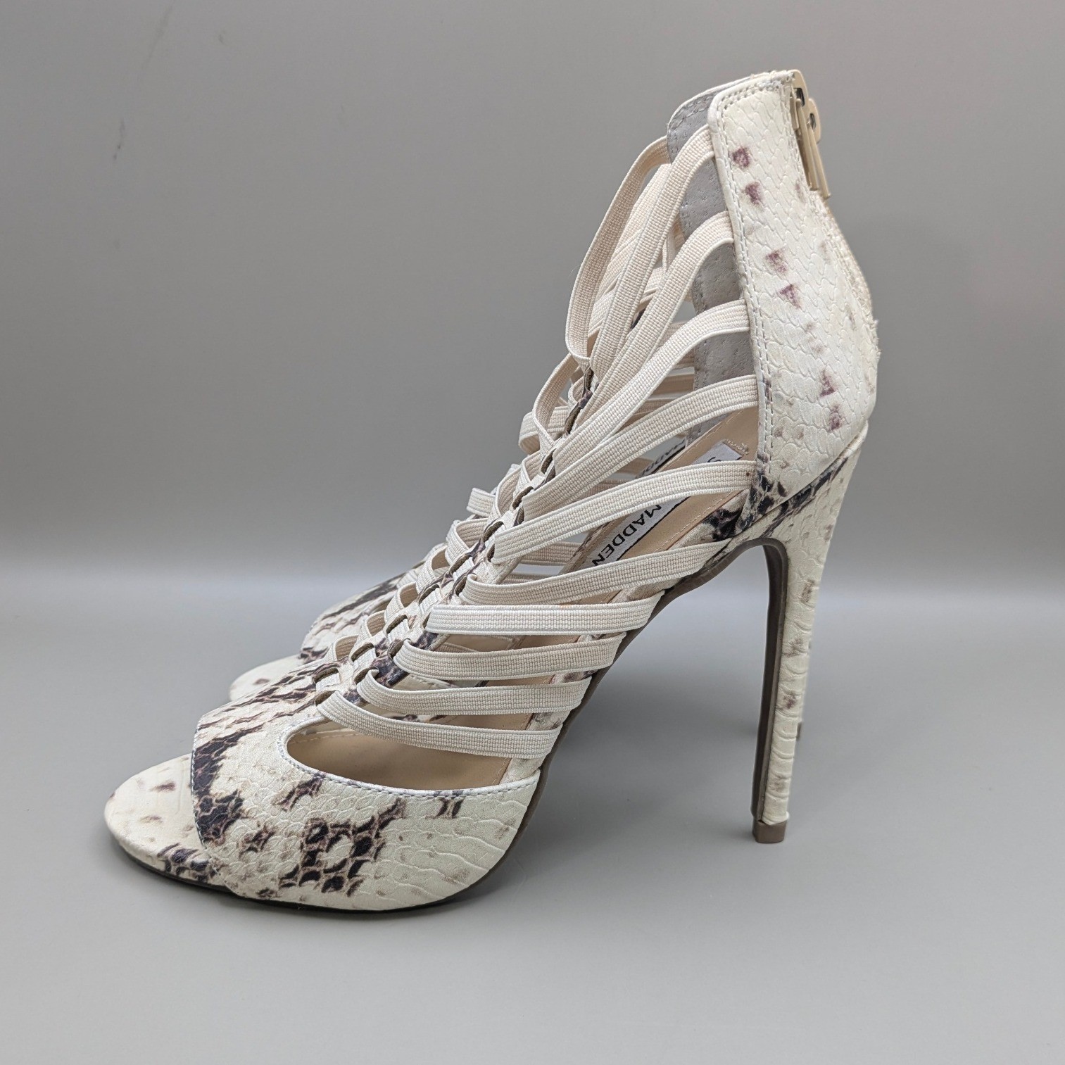 Steve Madden Pilarr Caged Strappy Stiletto Beige Faux Snake Skin Size 7.5
