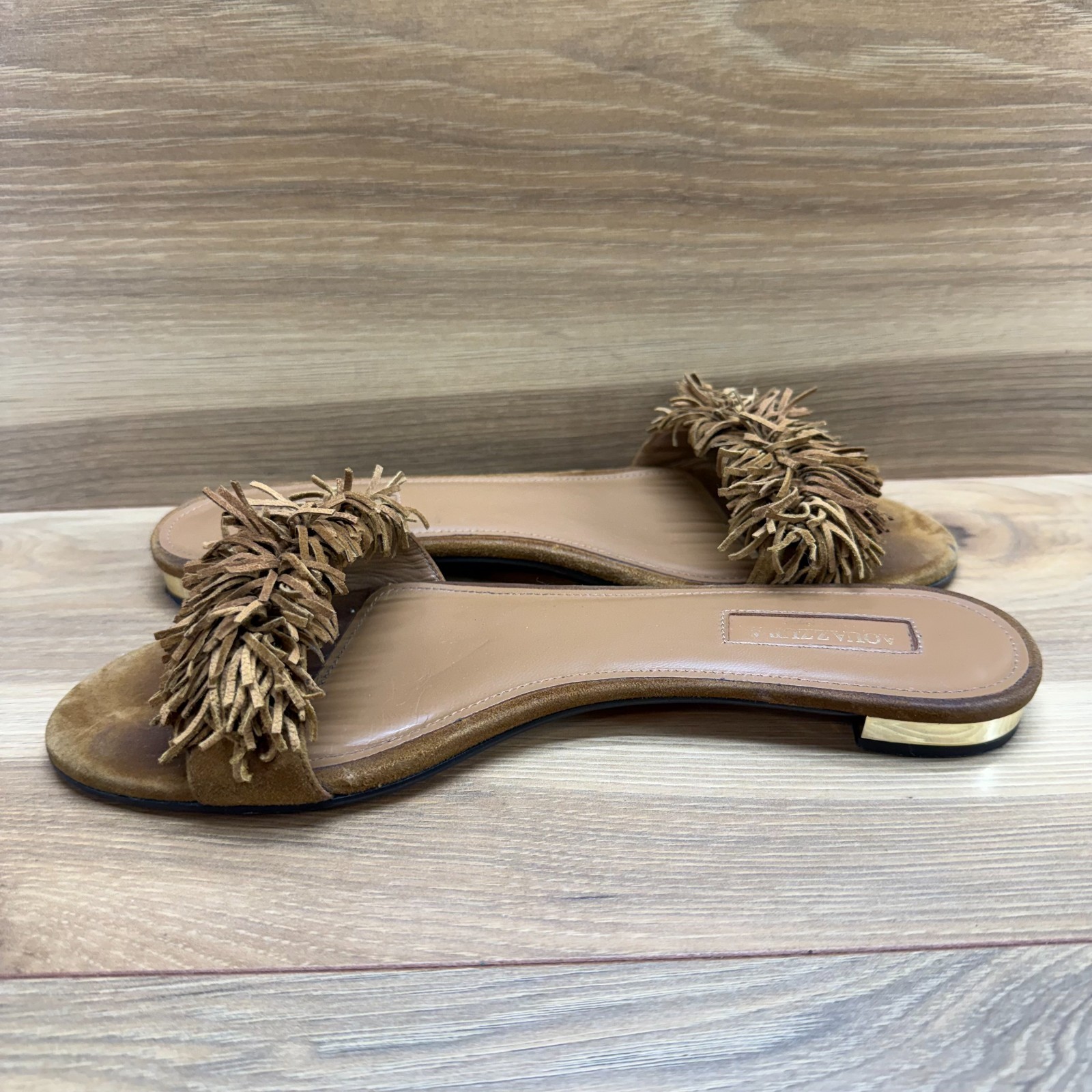 Aquazzura Fringe Sandals Womens 38.5 US 8.5 Suede Slides Flats