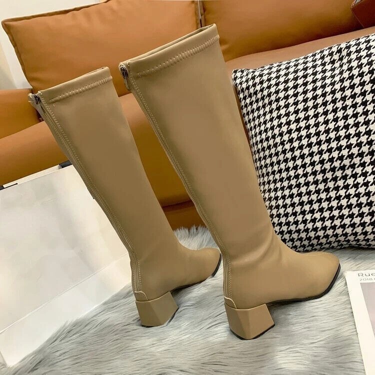 Soft Leather Shoes Women’s Block High Heels Long Boots Warm Knee High Zip Boots