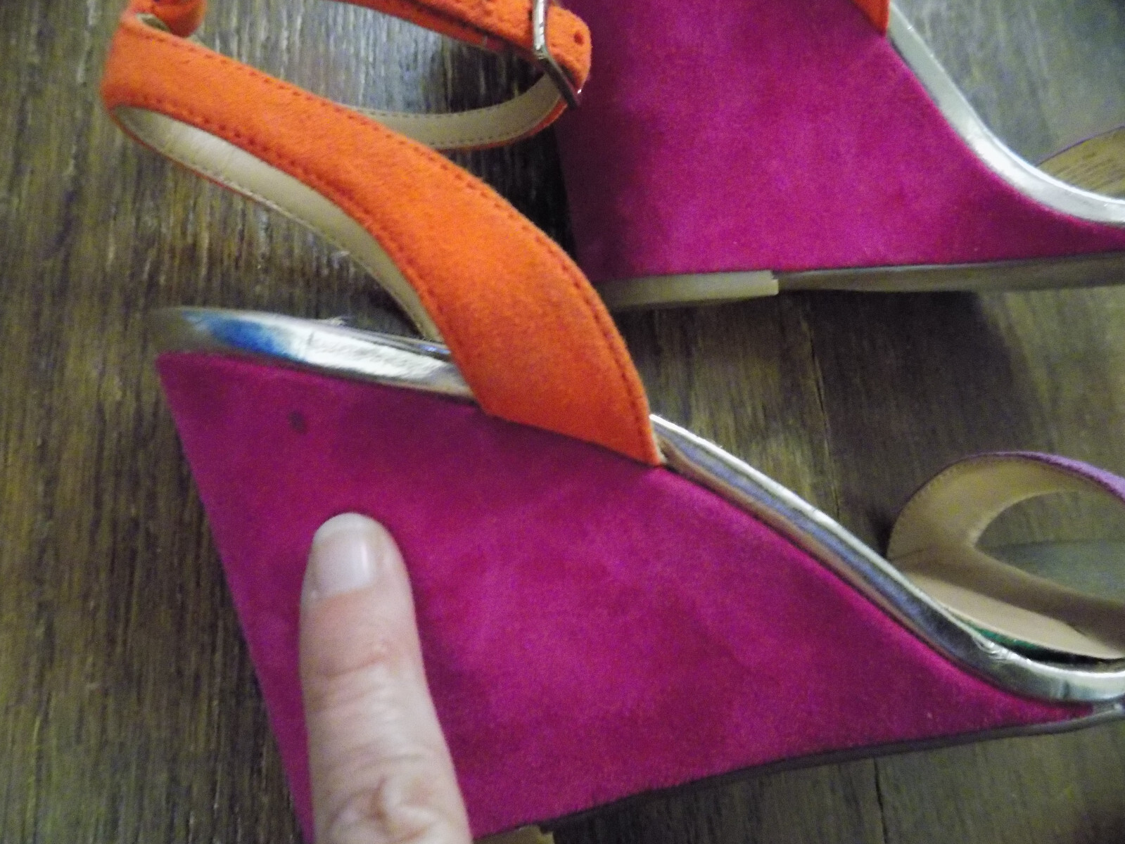 Steve Madden Sylan Purple Pink Orange Suede Ankle strap wedge 3.25″ Sandals 7.5