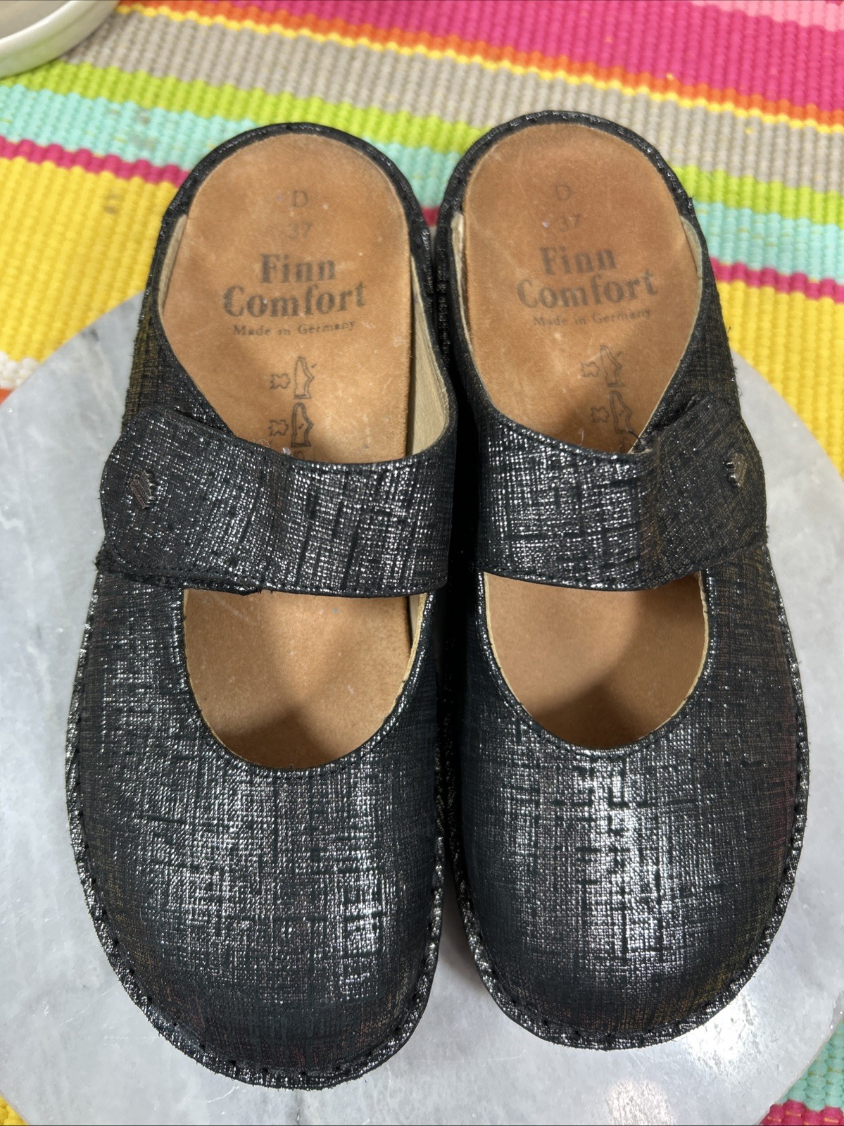 Finn Comfort Women’s Stanford Metallic Black Leather Mule Sandals EU 37 US 6-6.5