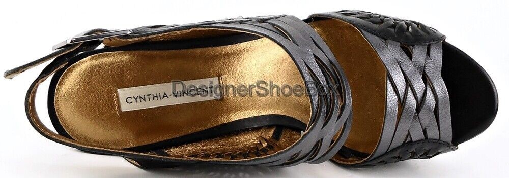 $250 CYNTHIA VINCENT JADEN Gun Metal Black Designer Platform Wedge Sandals 6