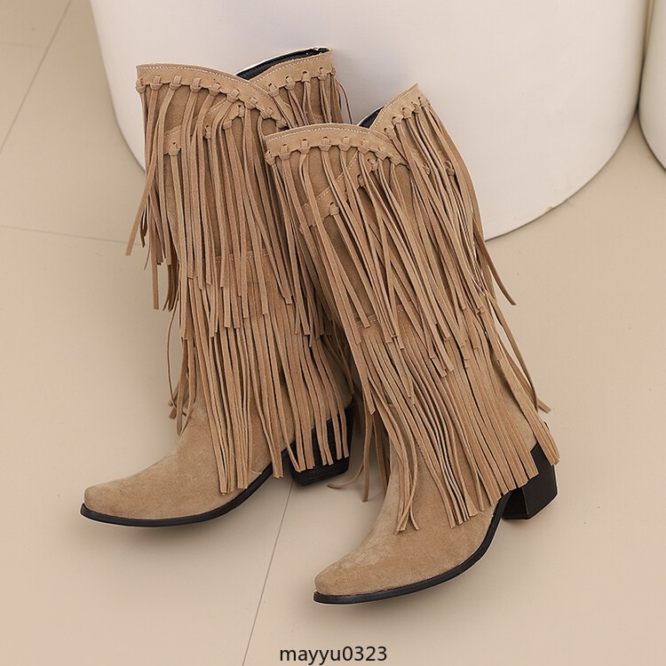 Womens Tassel Fringe Mid Calf Boots Mid Block Heel Western Cowgirl Shoes Hot