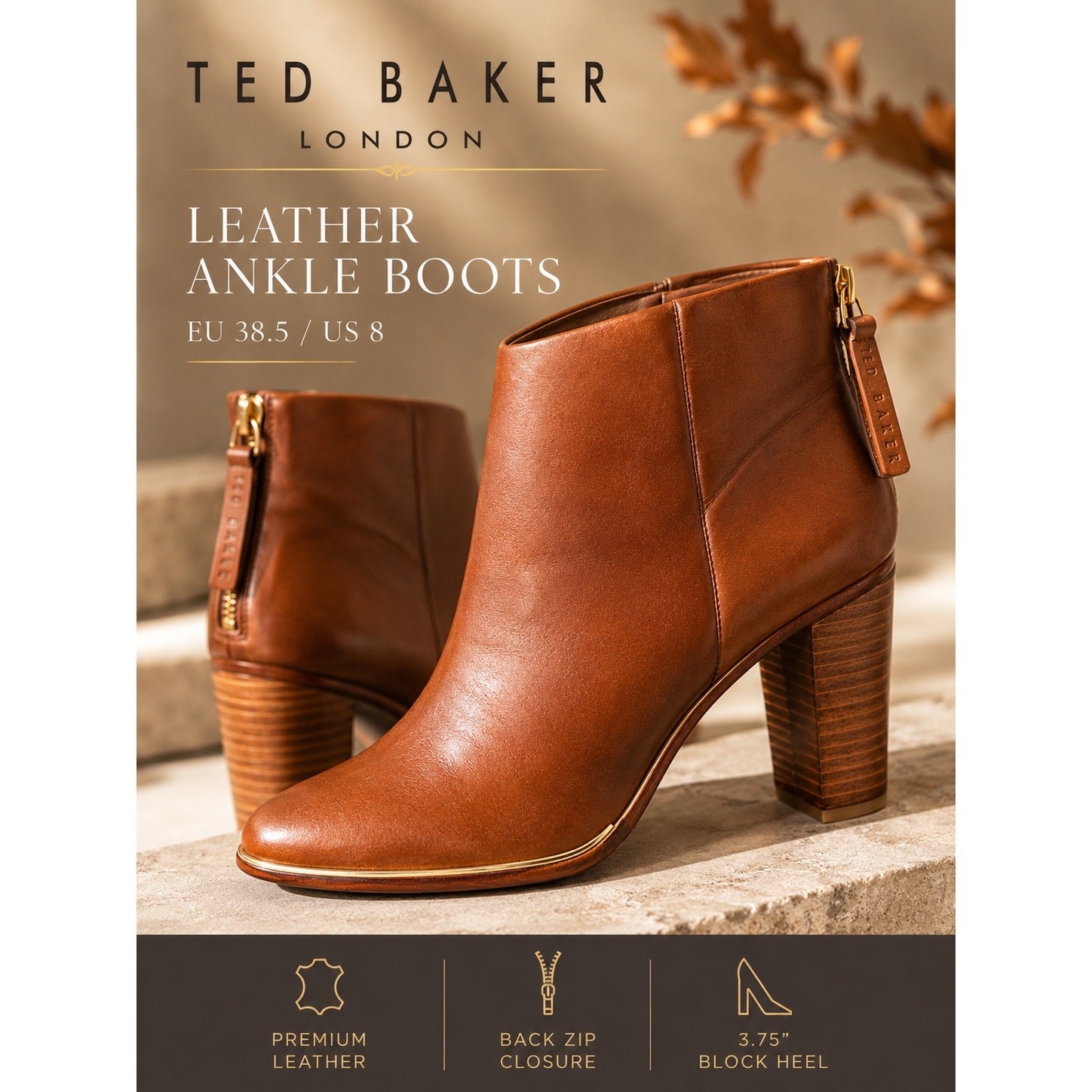Ted Baker London Leather Ankle Boots Cognac Block Heel Booties US 8