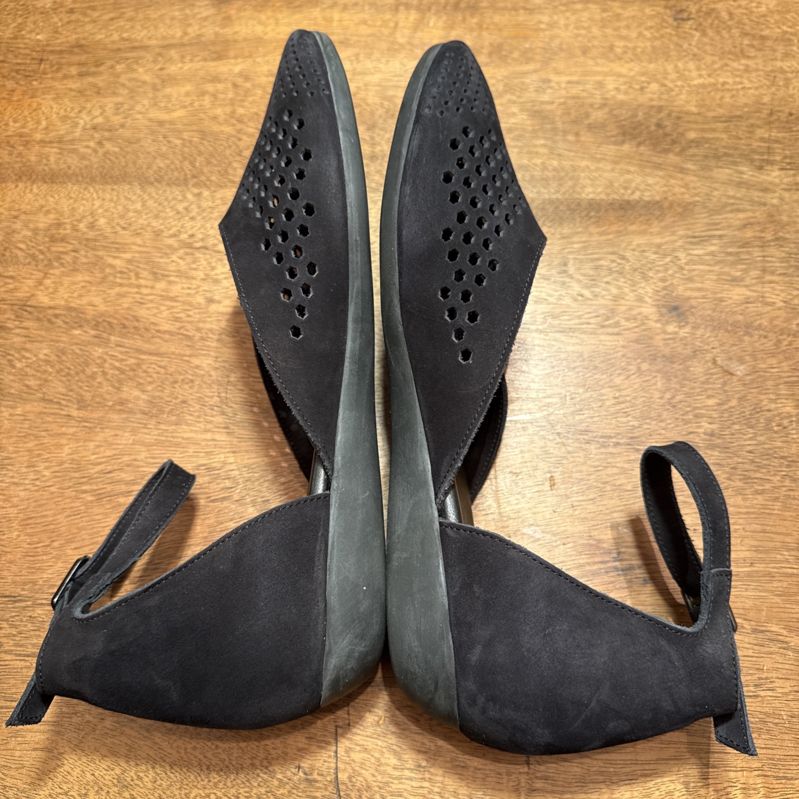 ARCHE Black Cut Out Leather Micro Suede Flats Ankle Strap France EU 42 US 10