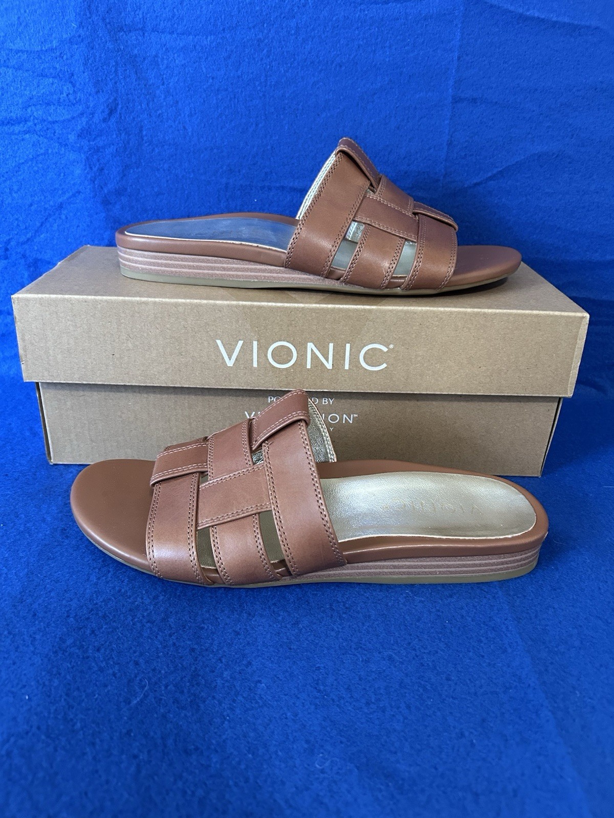 Vionic Leather Slide Sandals-Glendora-Tan Leather-7.5M