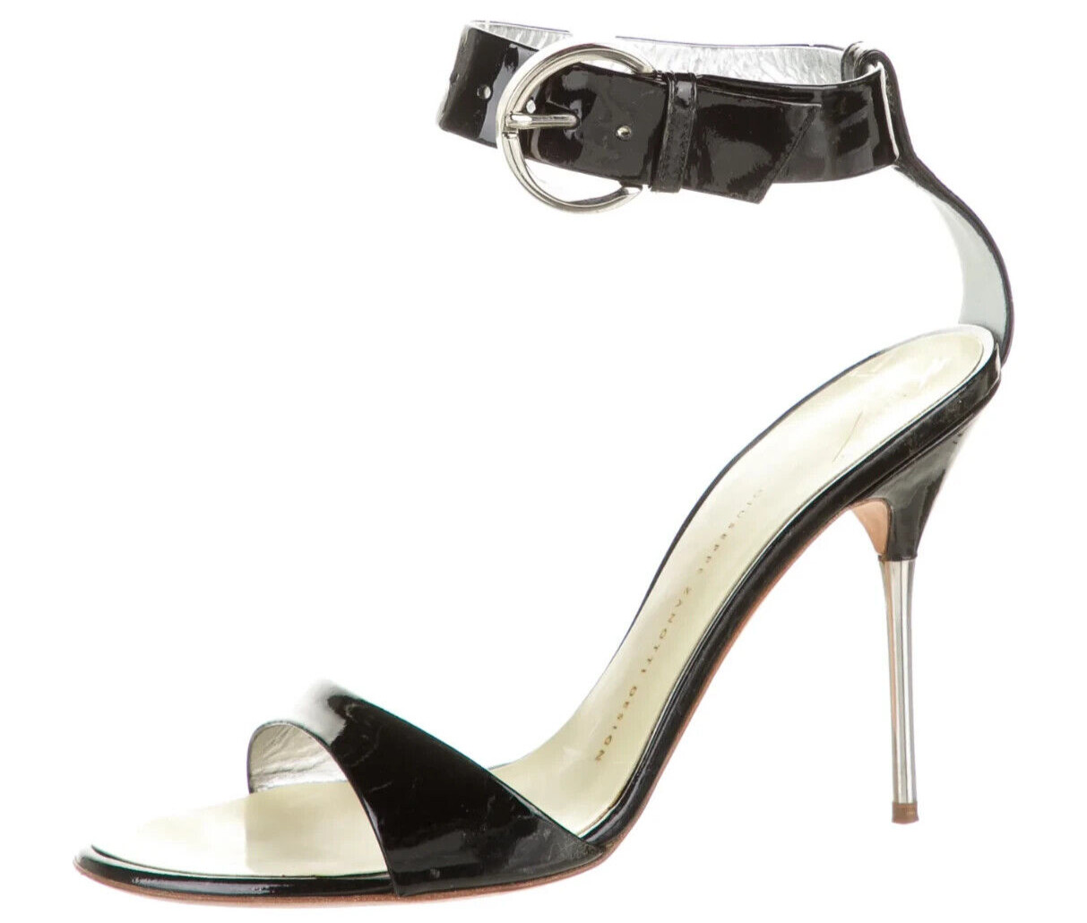 Designer Giuseppe Zanotti Black Patent Leather Ankle Strap Metal Heel Sandals 8