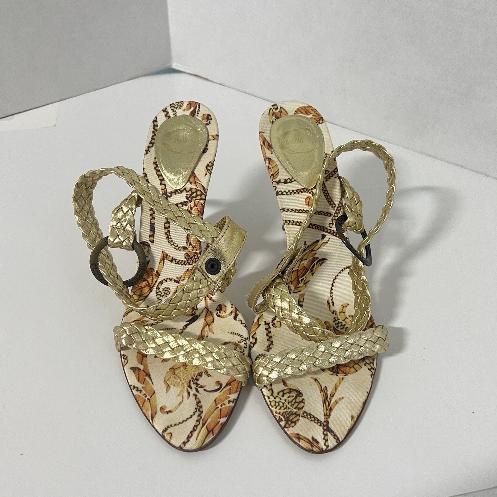 Roberto Cavalli-JustCavalli Gold Leather Sandals Size 40 US 9 Braided Made Italy